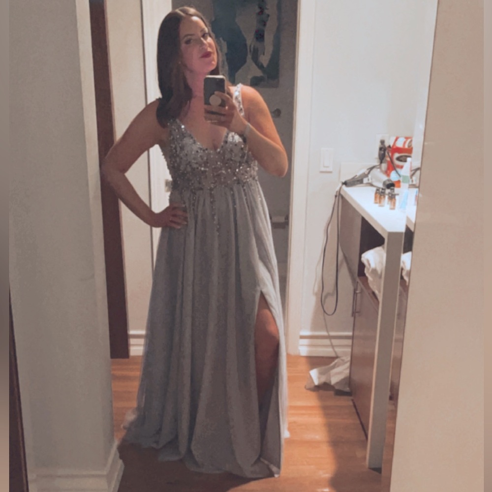 Silver Cascading Beaded/Pearl Tulle Formal Gown